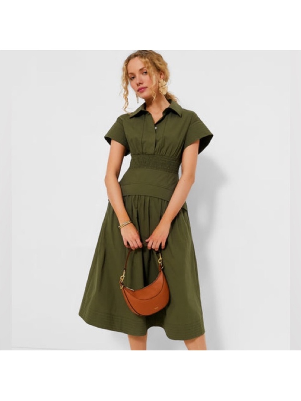 Tuckernuck Olive Short-Sleeve Smocked-Waist Midi Dress
